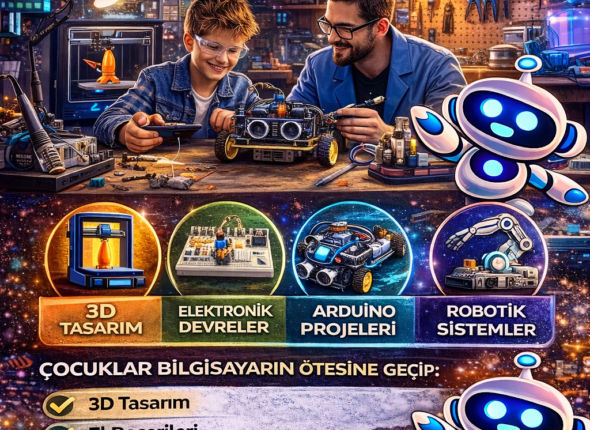 Maker atölyesinde çocuklar ve robotlar
